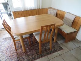 Eckbankgruppe mit Tisch und 3 Stühlen Eiche massiv