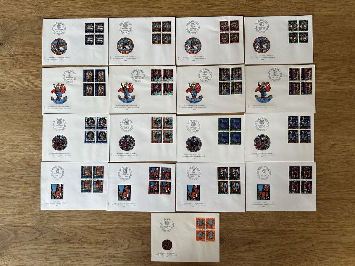 Tutti i francobolli: Schweiz - 17x Pro Patria FDC 4er Block – Usato da Schmitten / FR venduto da Samsara169