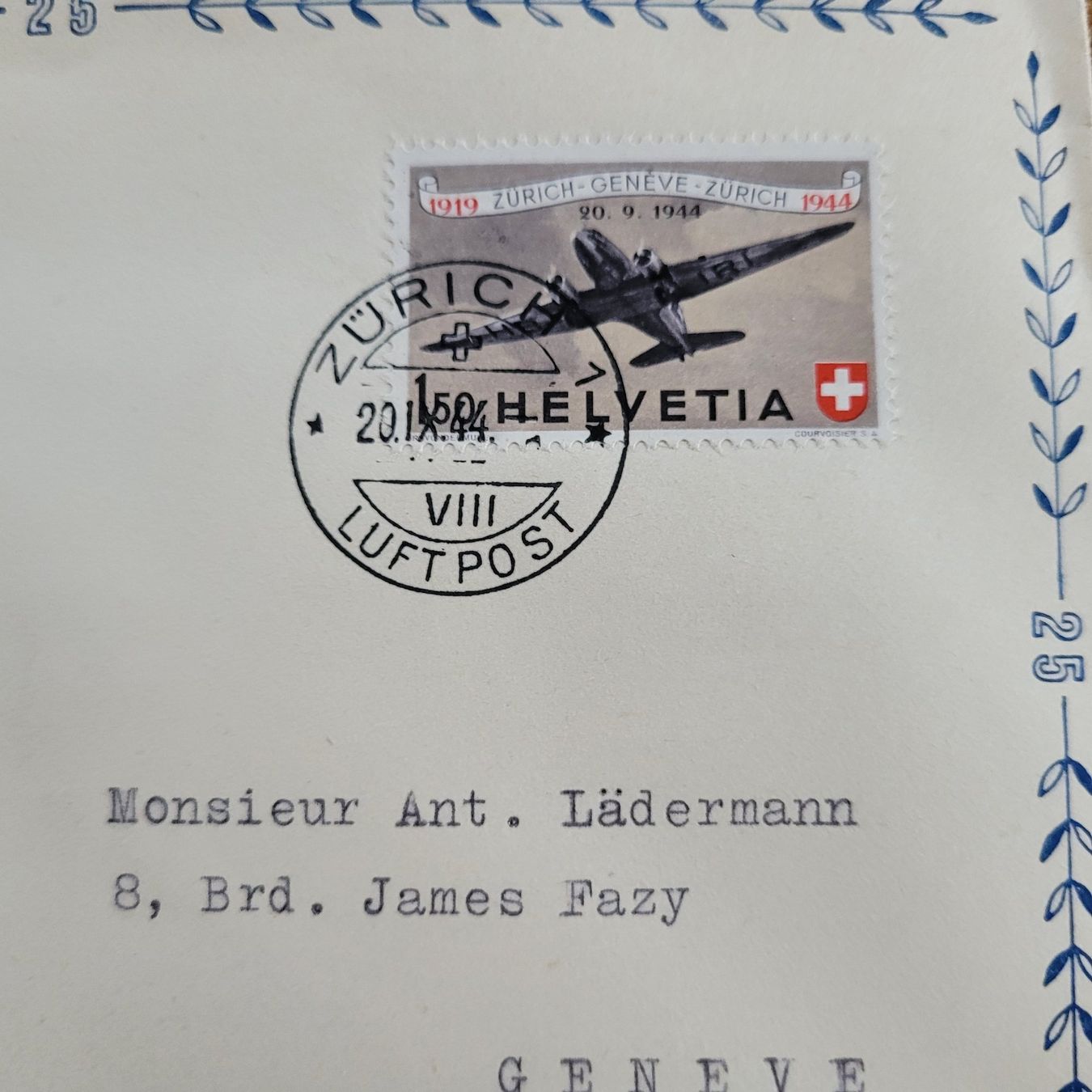 Tutti i francobolli: Luftpost Zürich Genève 1944 – Usato da Biel/Bienne venduto da Destockweb 1