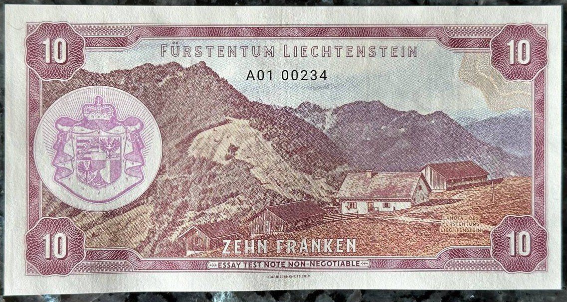 Banconote: Liechtenstein 10 Franken Note, Essay Test Note, 2019 – Nuovo (secondo la descrizione) da Beringen venduto da Mantafisch1 1