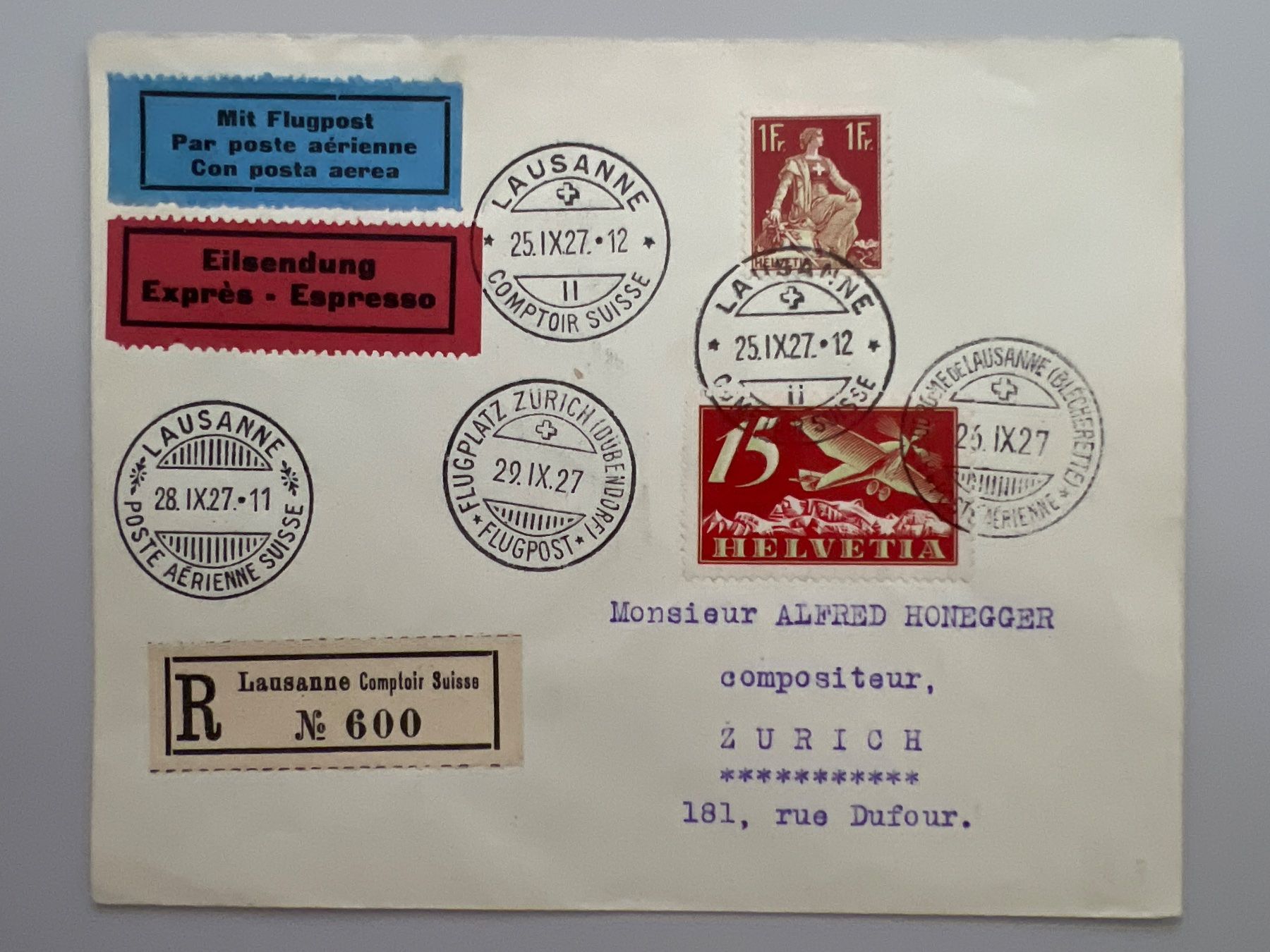 Tutti i francobolli: Flugpostbrief Comptair Lausanne 1927 CS8 – Usato da Buchrain venduto da wmm