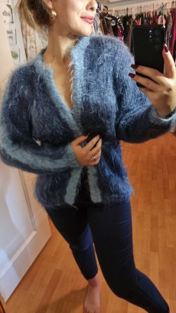 Kuscheliger Mohair Cardigan Jacke blau gestreift Grösse 40