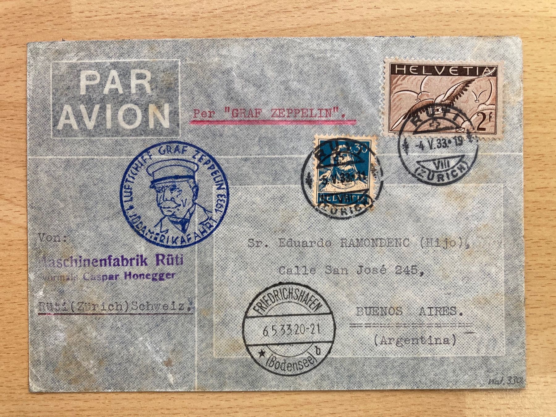 Tutti i francobolli: Flugpostbrief Zeppelin 1933 nach Argentinien – Usato da Aesch BL venduto da Geowaz