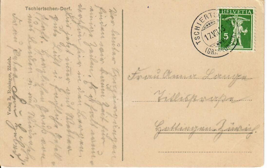 Ansichtskarten: Tschiertschen Dorf 1915 – Gebraucht aus Hochdorf von Ziegel-16 1