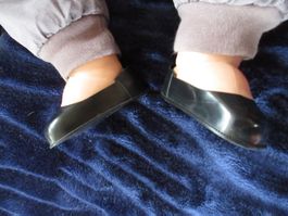 1 Paar Puppenschuhe Ballerinas, schwarz, 8,6 cm antik 50-er!