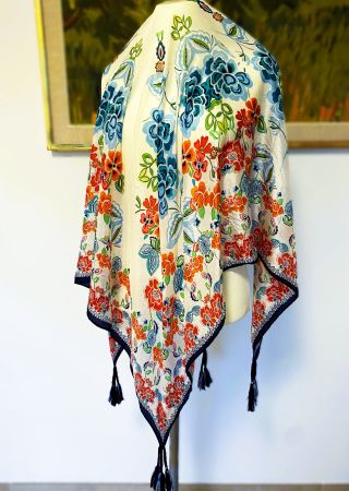 JOHNNY WAS 100% Seiden Schal Foulard XXL Blumen & Zotteln