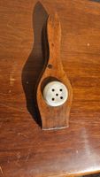 Antico spremiagrumi/spremiaglio in legno e ceramica
