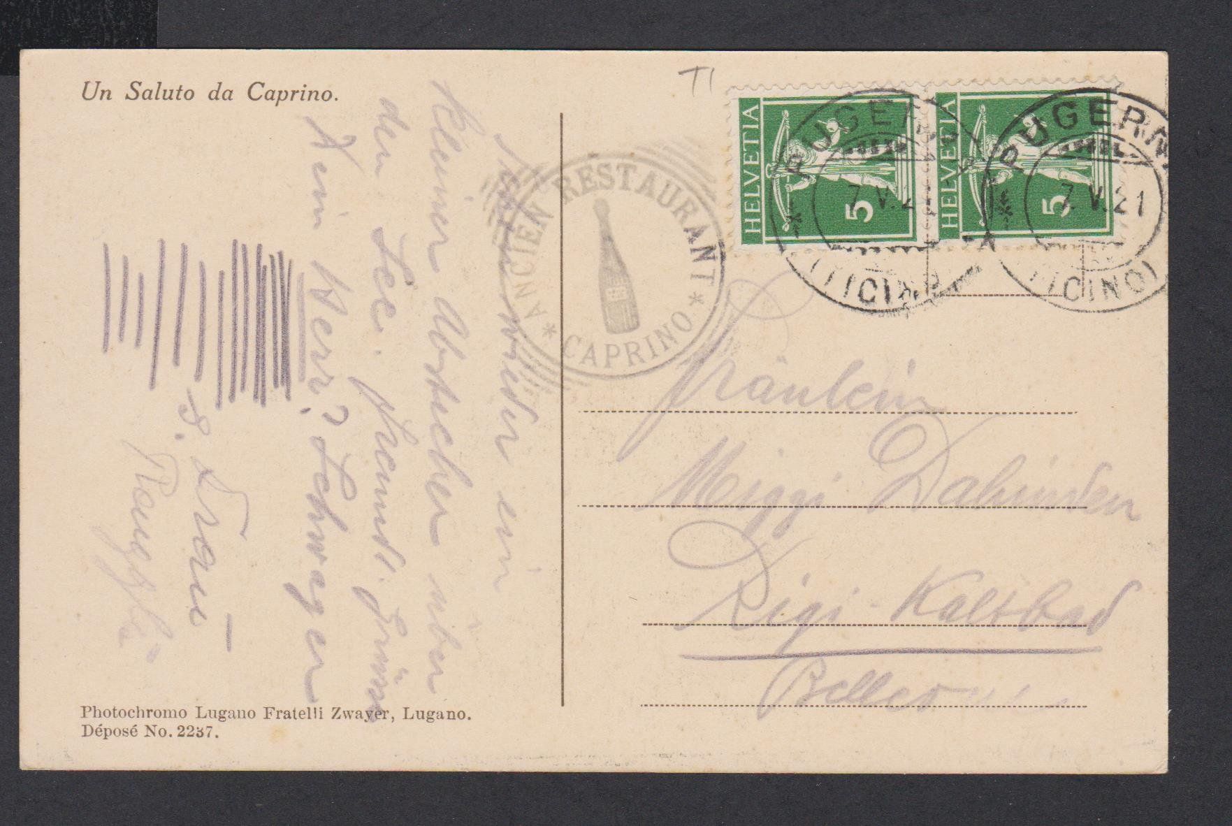 Cartoline postali: Caprino   TI   -   alte Ansichtskarte von 1921 – Usato da Vitznau venduto da Ropaku 3