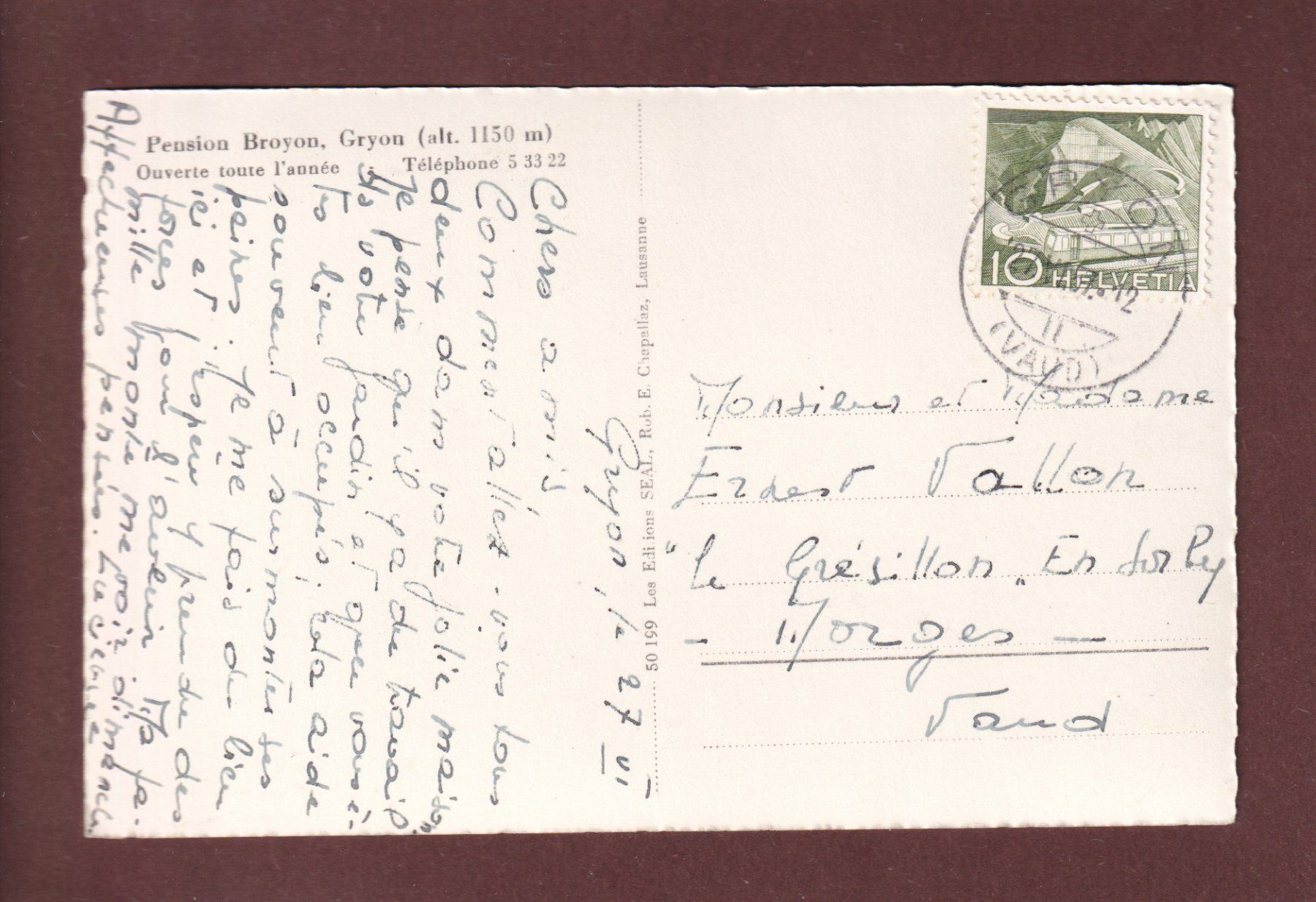 Ansichtskarten: GRYON - Pension Broyon - 1957 – Gebraucht aus Pully von nicecards 1
