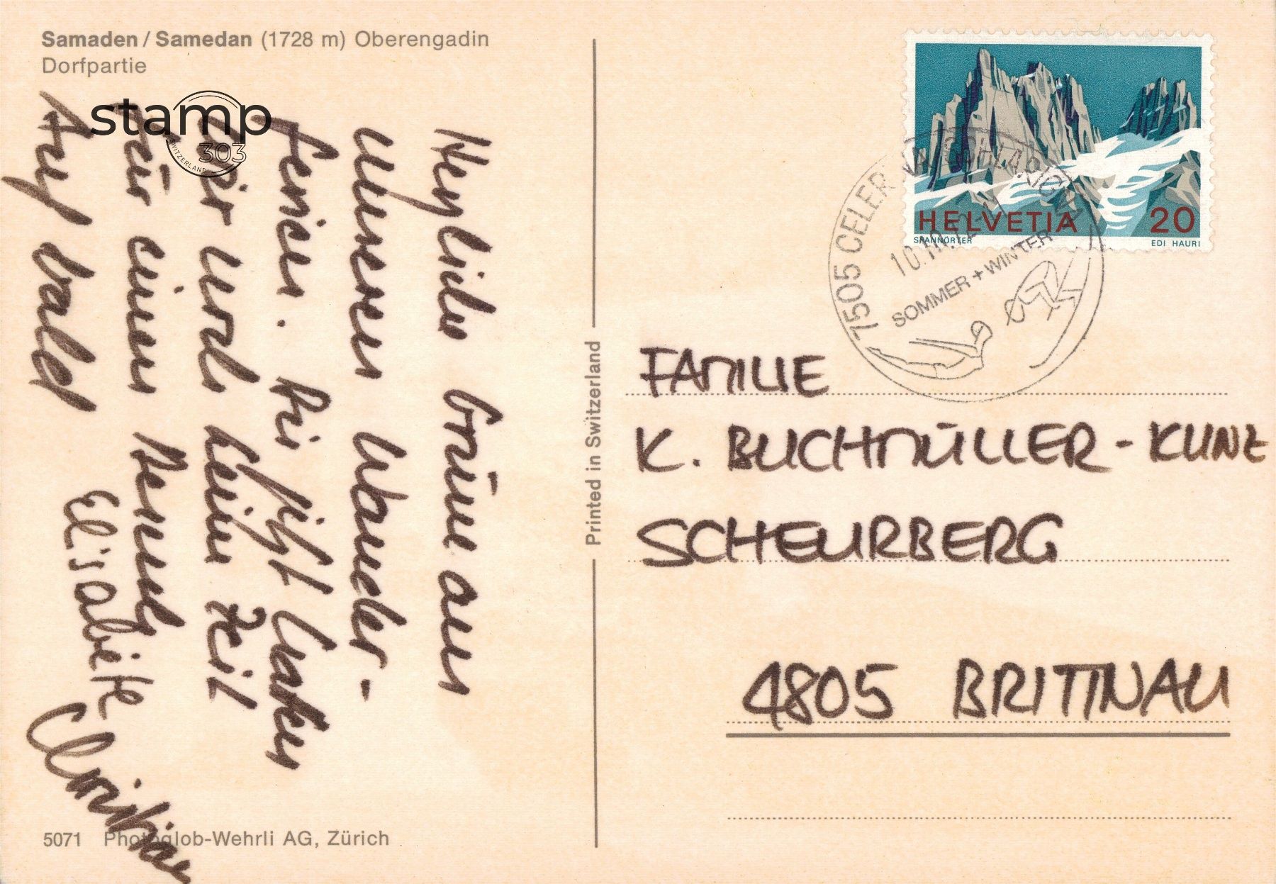Cartoline postali: 1972 AK Samaden / Samedan – Usato da Eggersriet venduto da stamp303 1