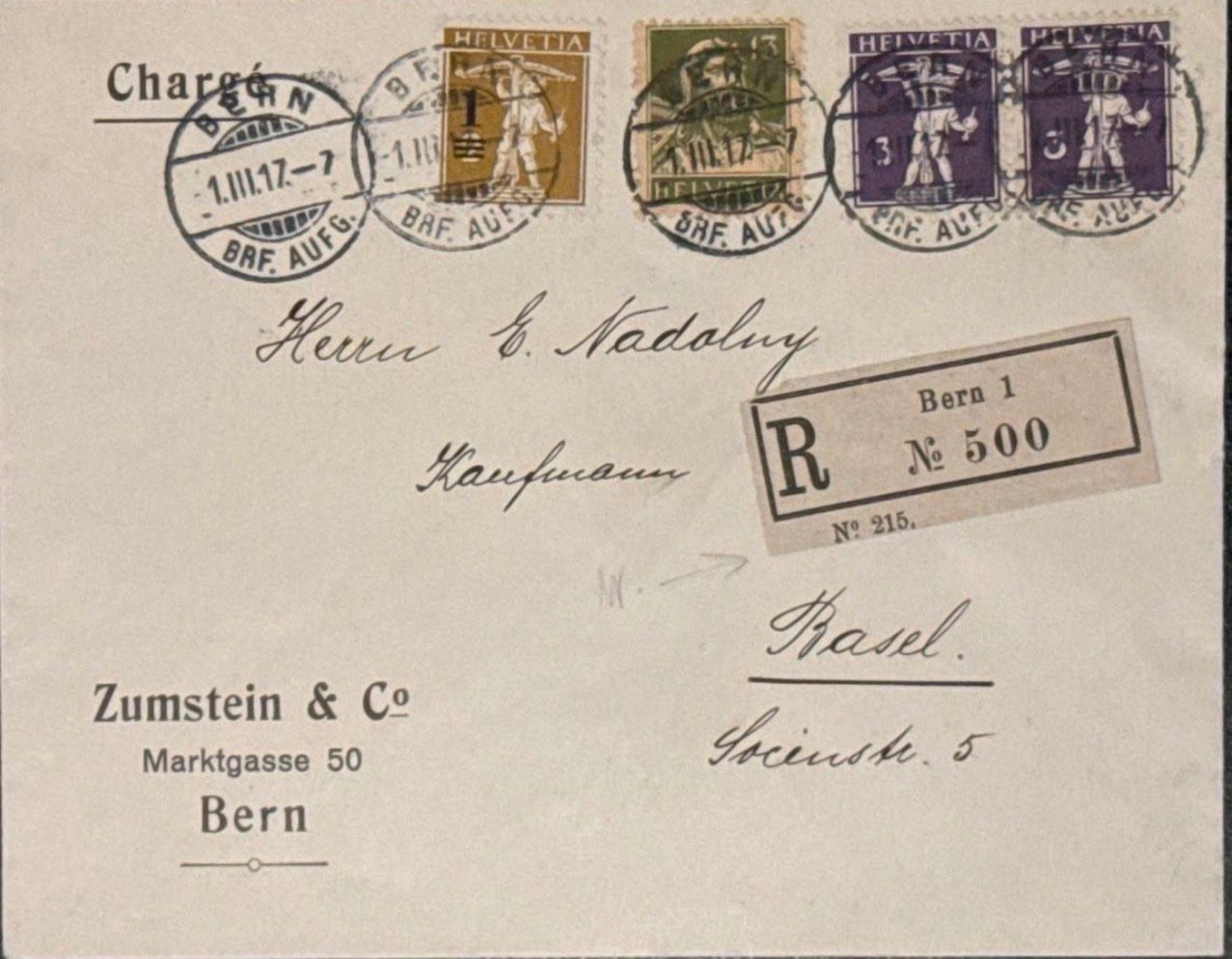 Tutti i francobolli: chweiz Chargé Brief Bern 1917 R Brief Basel – Usato da birsfelden venduto da tim0444