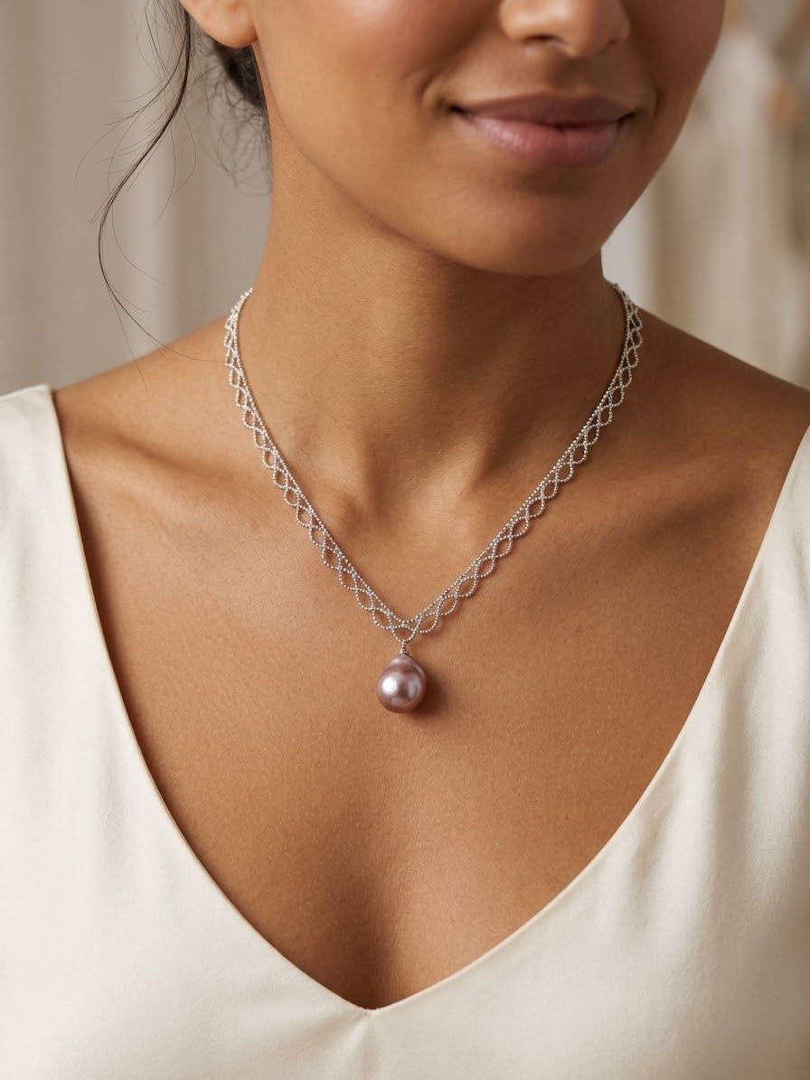 Colliers: Collier argent pendentif perle rose violette – Neuf avec emballage d'origine à St-Maurice par Sandrinette123