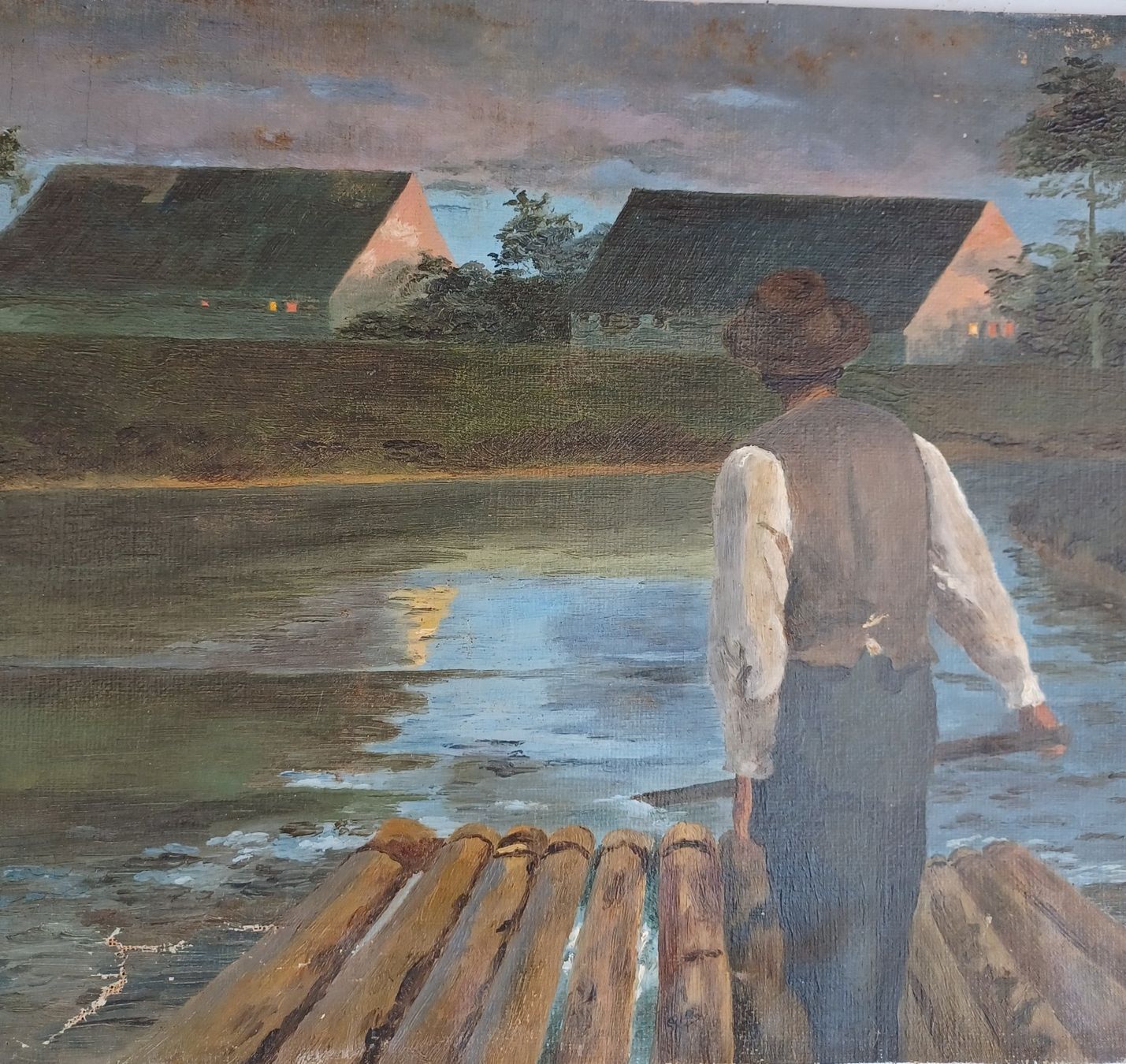 Gemälde: OELBILD.  Signiert. Mann auf Floss. 1919 – Gebraucht aus Zürich von