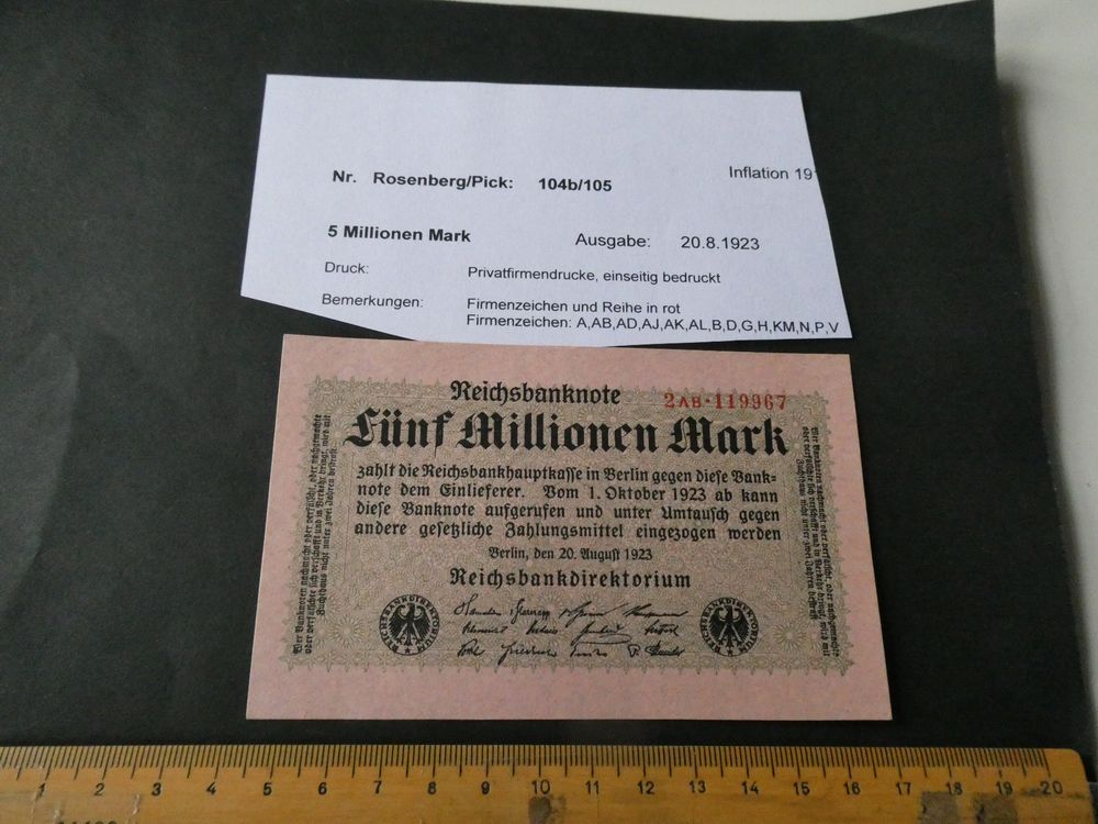 Geldschein Deutsches Reich 1923 - 5 Millionen Mark, Rosenbg: 104a, Gebraucht (III), Sammlerbanknote
