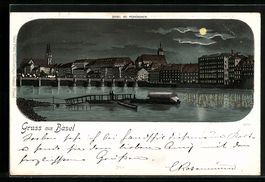 AK Basel, Blick auf den Ort bei Nacht