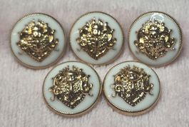 5 Knöpfe Wappen Design Weiss Goldfarben  ,Neu