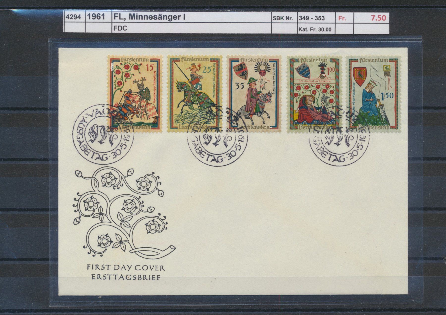 Alle Briefmarken: 1961 FL, "Minnesänger I", FDC – Gebraucht aus Winterthur von Zupogeru