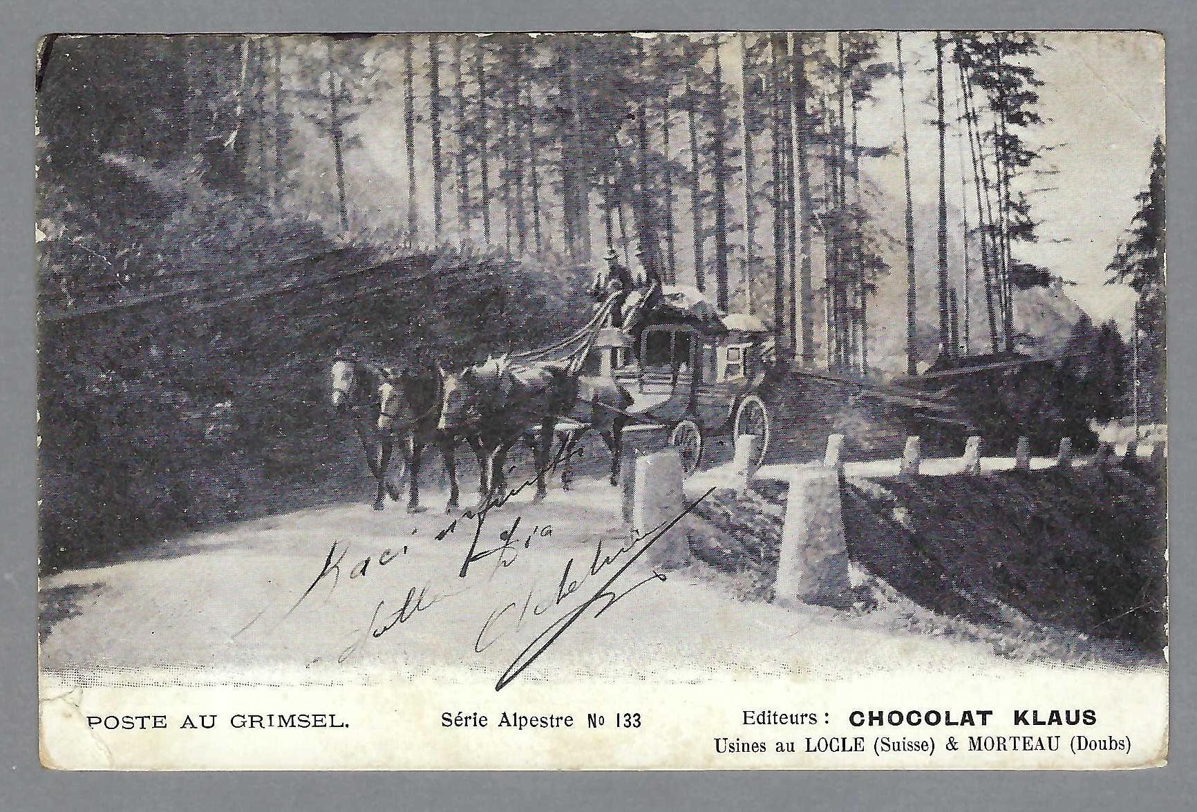 Cartoline postali: POSTE AU GRIMSEL, POSTKUTSCHE, CHOCOLA KLAUS, 1910, MÄNGEL – Usato da Pura venduto da ulisse1957