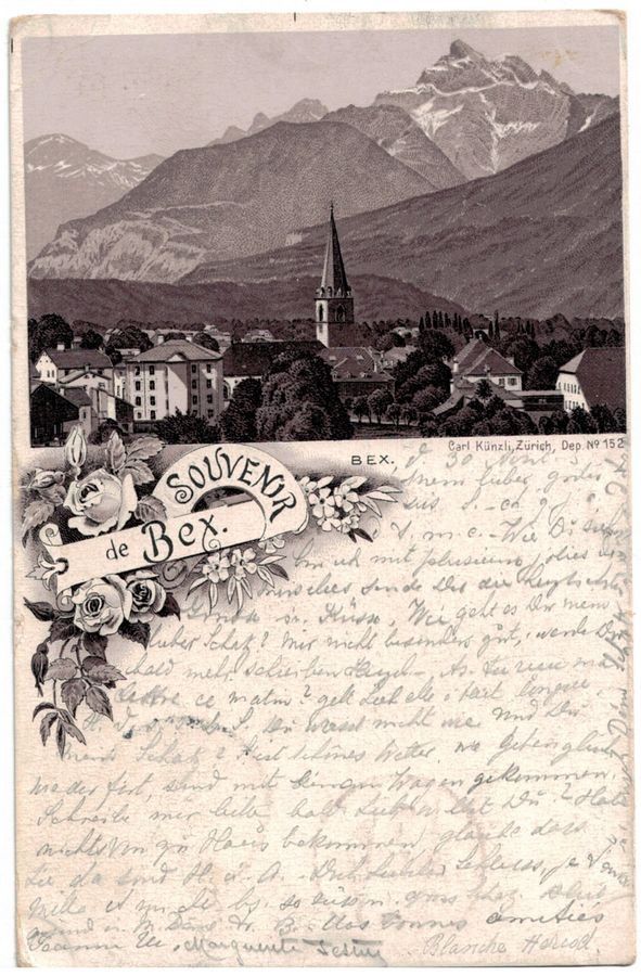 Cartoline postali: Souvenir de Bex, lithographie, circulée 1897 – Usato da Frauenfeld venduto da POML