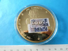 vergoldete Medaille 70 mm PP, 100 Frankennote 1957