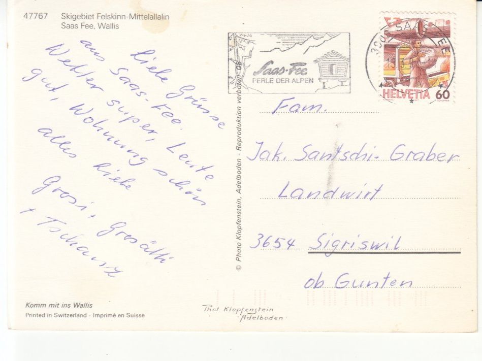 Cartoline postali: Saas Fee 1993 – Usato da Bürglen TG venduto da StampGraf 1
