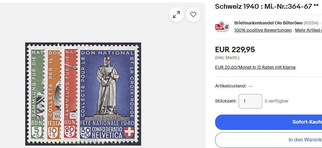 Tutti i francobolli: Bundesfeier 1940 ungestempelt – Nuovo (secondo la descrizione) da Zweidlen venduto da Wtf 1