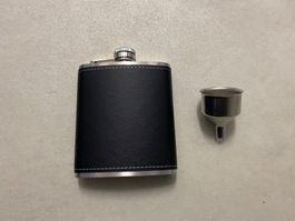 Flachmann Edelstahl Leder 7oz/2dl inkl. grossen Trichter
