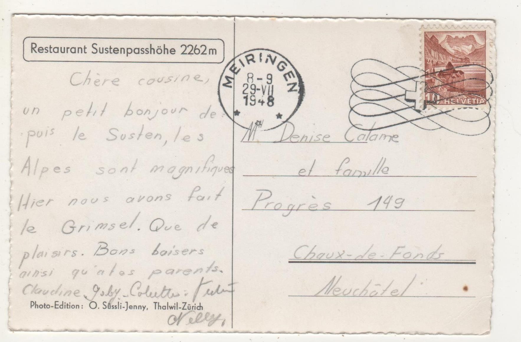 Cartoline postali: Ansichtskarte Sustenstrasse,Steingletscher,Gwächtenhorn 1948 – Usato da Remetschwil venduto da Hofiii 1