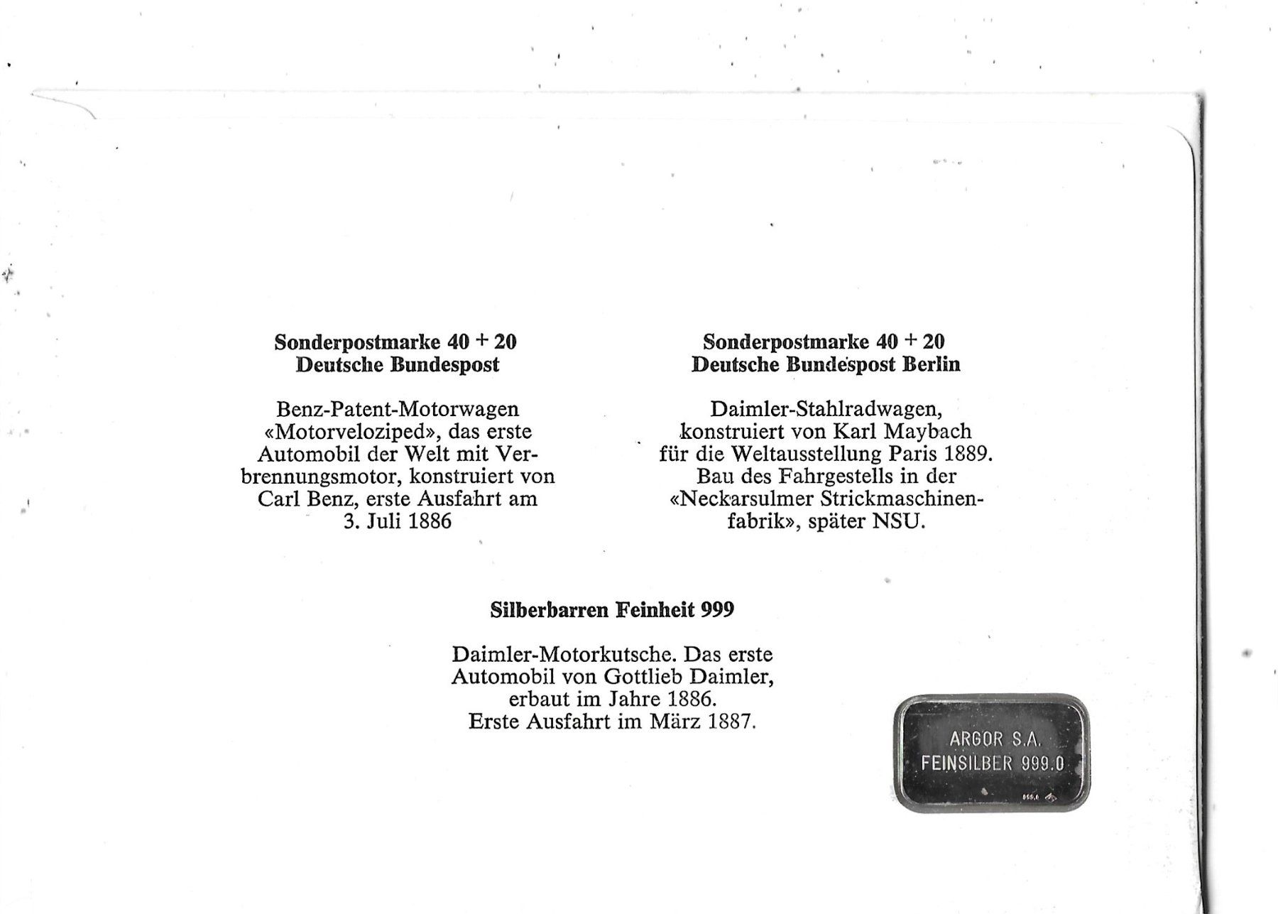 Medaglie: Numisbrief mit Oldtimern 1982 Silberbarren 5.5gr. 999.9 – Usato da Schocherswil venduto da prinzipal60 1