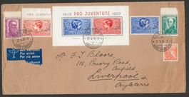 1937 : Pro Juventute Satz + Block auf Brief n. Liverpool