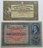 Schweizer 5 und 20 Franken-Banknoten beide vom 16. Okt. 1947