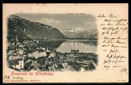 Lithographie Montreux, Vue générale, lac et Dent du Midi