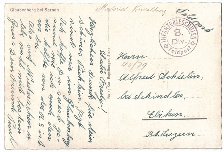 Cartoline postali: Glaubenberg, Feldpost INFANTERIESCHULEN 8. DIV. – Usato da Frauenfeld venduto da POML 1