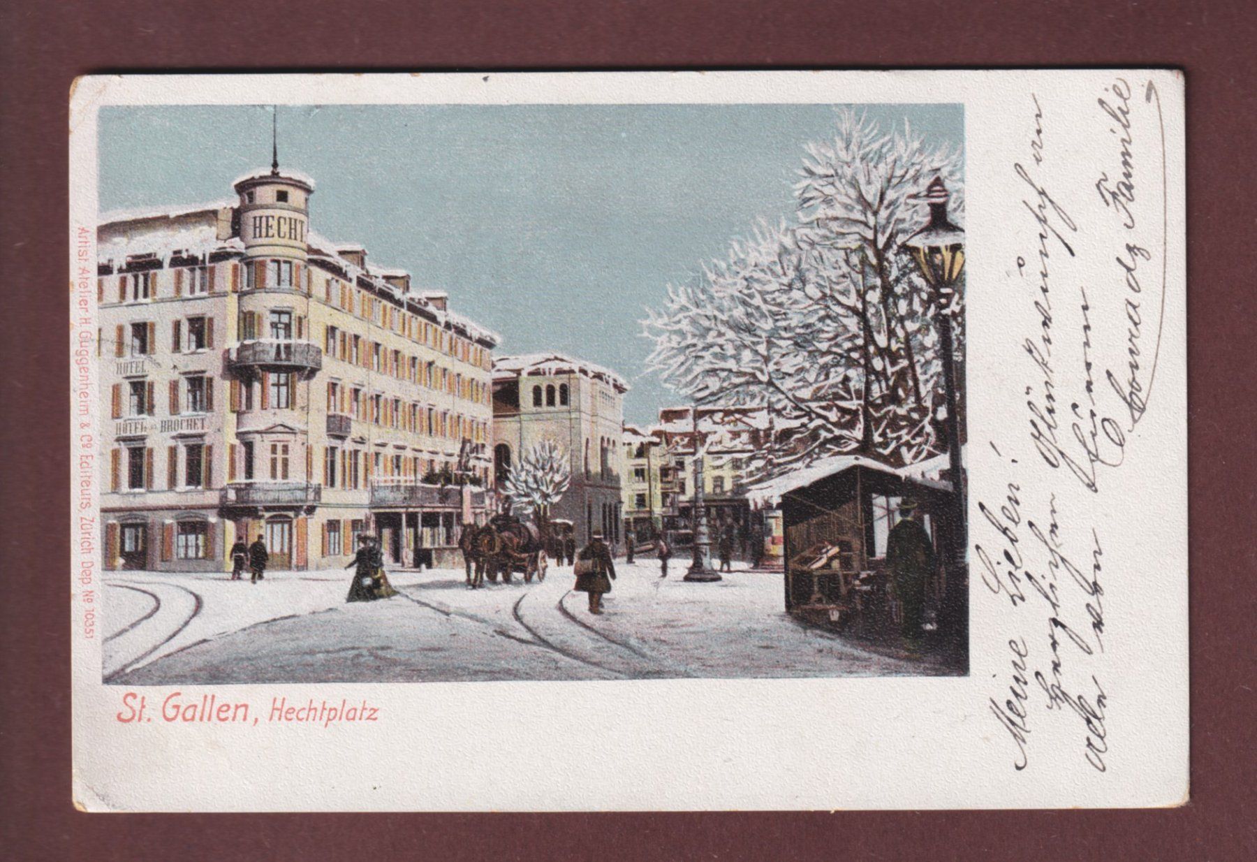 Cartoline postali: ST. GALLEN unter Schnee - Hechtplatz - 1902 // Eckbug // – Usato da Pully venduto da nicecards
