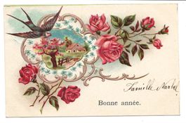 Neujahr - Bonne Année - Rosen - Schwalbe - Präge-Litho 1905