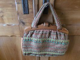Vintage Hand Tasche Stoff Holz
