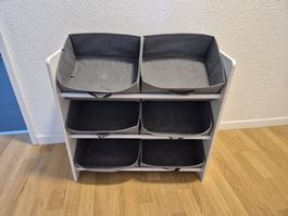 Spielzeugregal weiss mit 6 Stoffboxen grau
