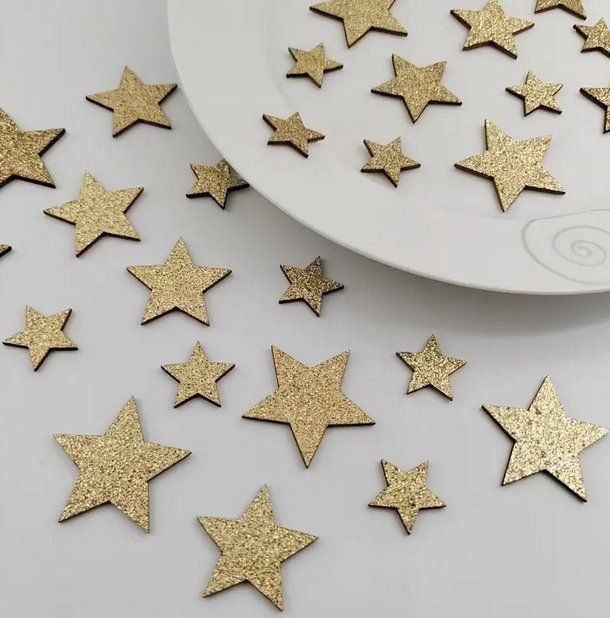 Alle Dekorationen: 24 GOLDENE GLITZERSTERNE  NEU+OVP – Neu und originalverpackt aus Bad Ragaz von Schtupsi