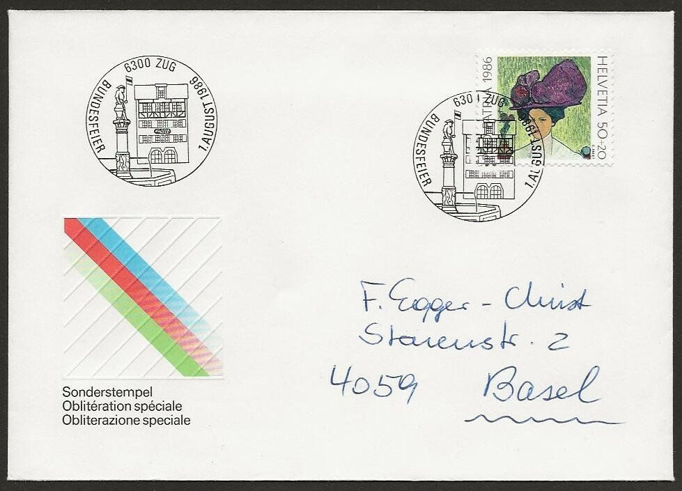 Tutti i francobolli: 1986  Brief Bundesfeier, 1. August,  ZUG – Usato da Arlesheim venduto da kuhnphila