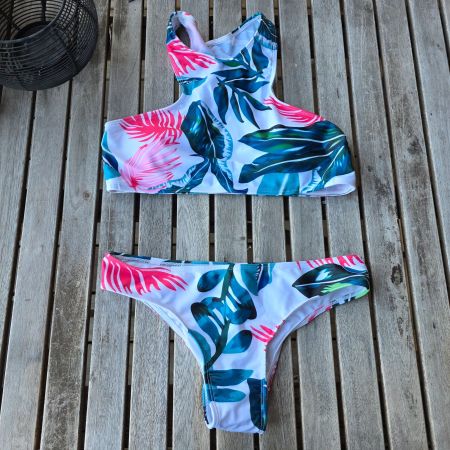🐸 TANKINI BIKINI L WEISS TROPICAL CUPS MIT PADS GEFÜTTERT