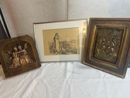 Antike Bilder, Holzrelief Engel, gerahmte Zeichnung,