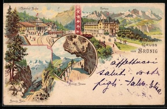 Cartes postales: Litho Brünig, Kurhaus, Bahnhof-Buffet,  – D'occasion à Berlin par bartko-reher