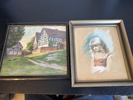 2 alte gerahmte Bilder, Originale, unsigniert, Vintage