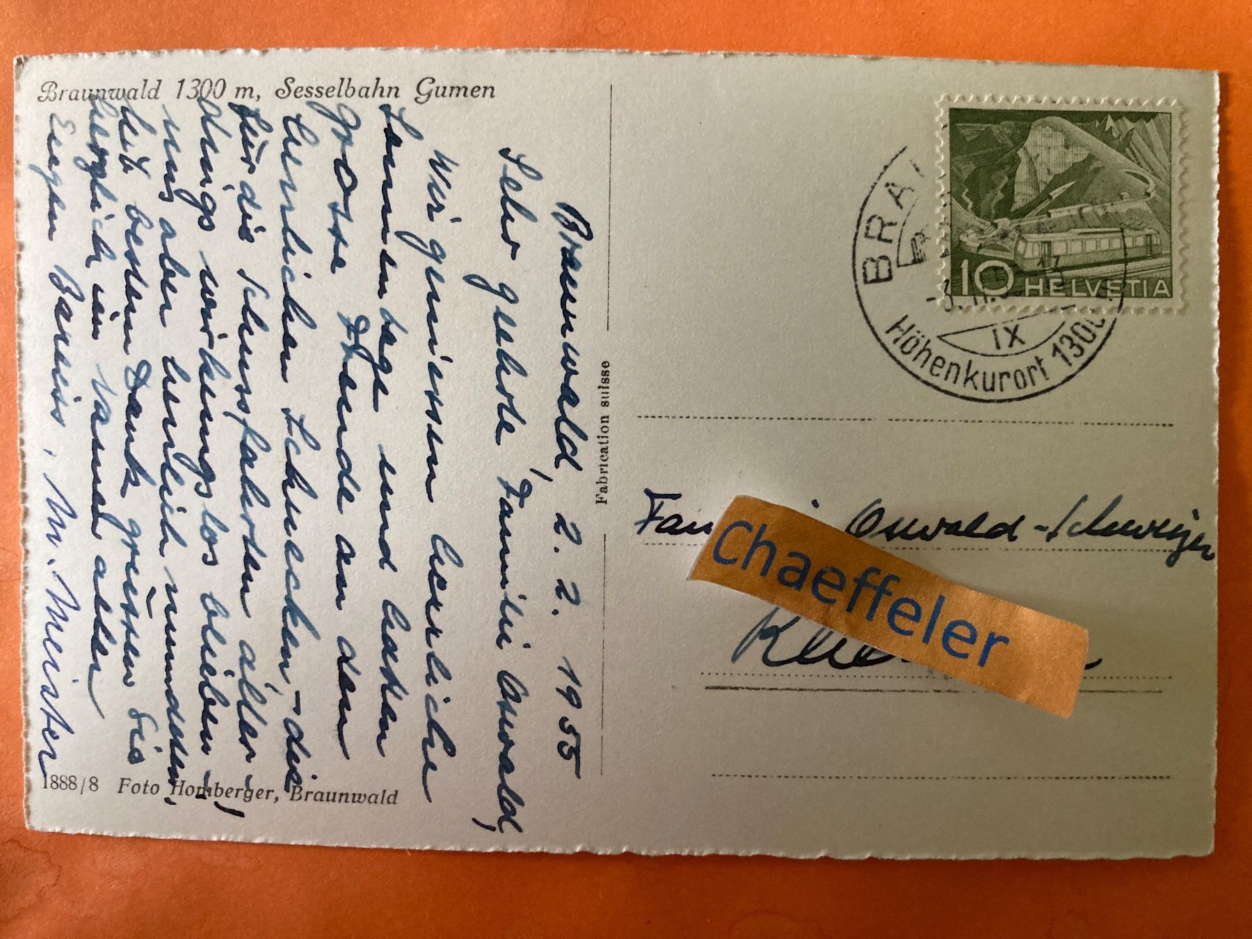 Cartes postales: 1955 Braunwald, Sesselbahn Gumen – D'occasion à Zürich par Chaeffeler 1