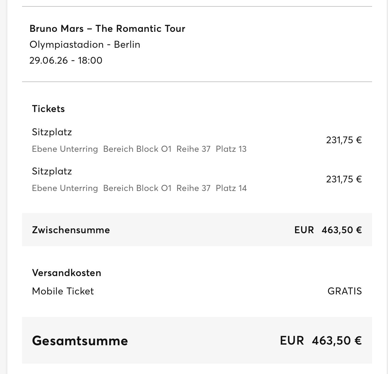 Billets: Bruno Mars Berlin 29.06.26 – Neuf avec emballage d'origine à Wermatswil par Jara.a.s 2