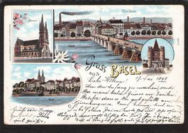 Lithografie: Gruss aus Basel , gel. 1898