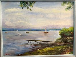 50.5 cm breitx 39.5 cm hoch Öl Gemälde See Landschaft