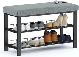 Schuhbank mit Sitzkissen, Schuhregal mit 2 Gitterablagen