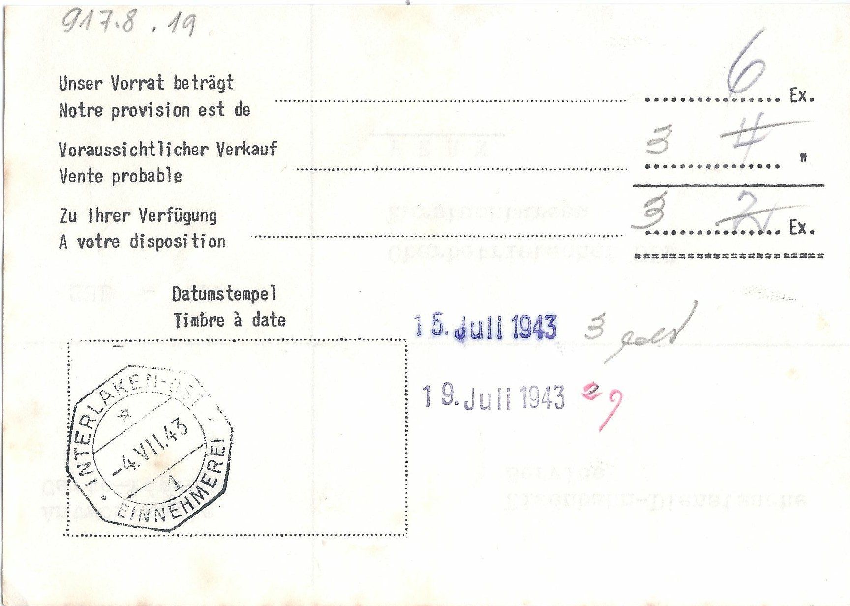 Alle Briefmarken: Carte-réponse SBB CFF 15.07.1943, Interlaken-Ost Einnahme – Gebraucht aus Montenol von Vernier2