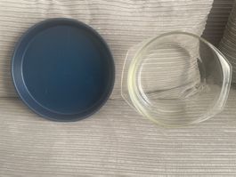 Auflaufform Glas mit Blech  blau rund Durchmesser 26cm